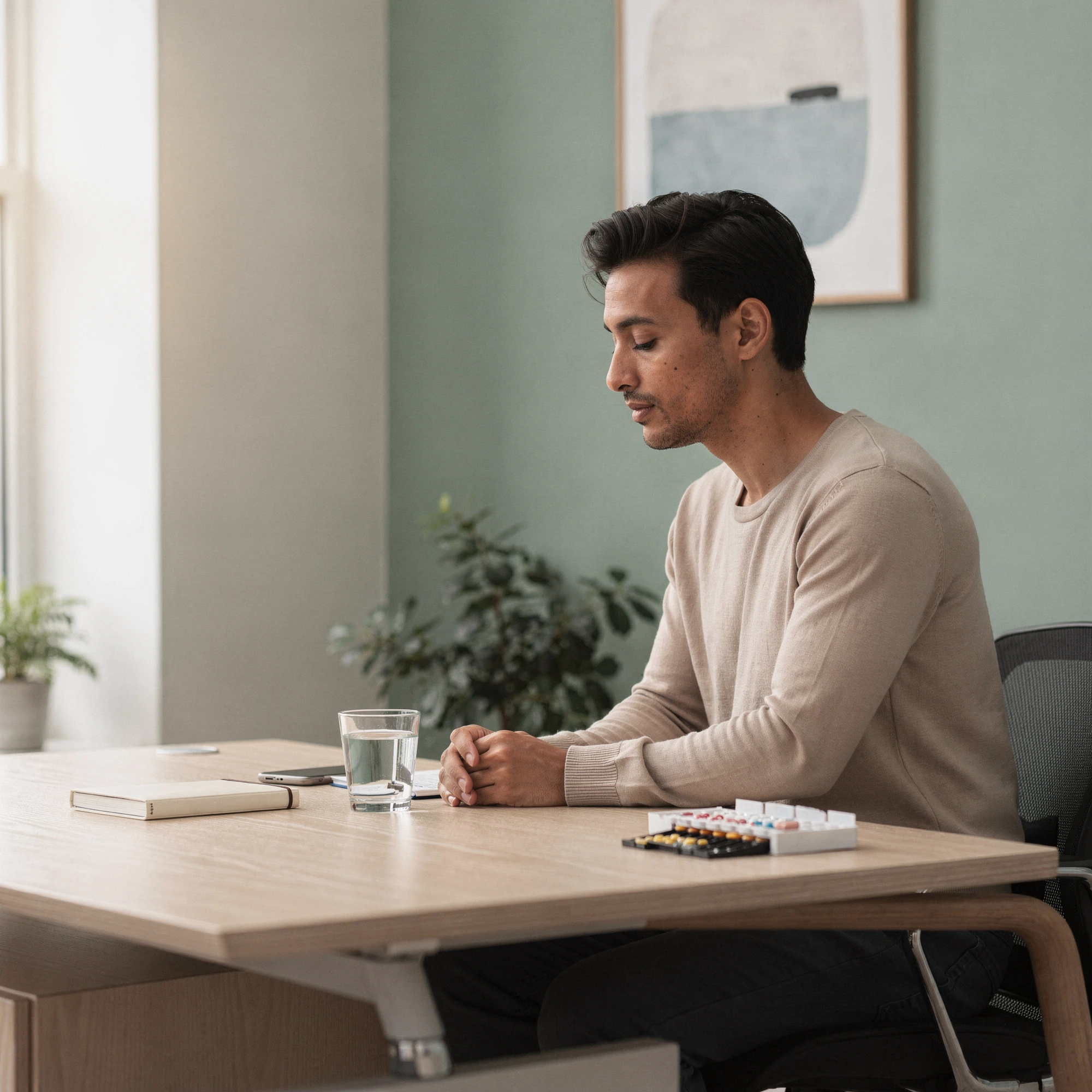 Man at a table with a glass of water and medications – medication management in Conshohocken, PA